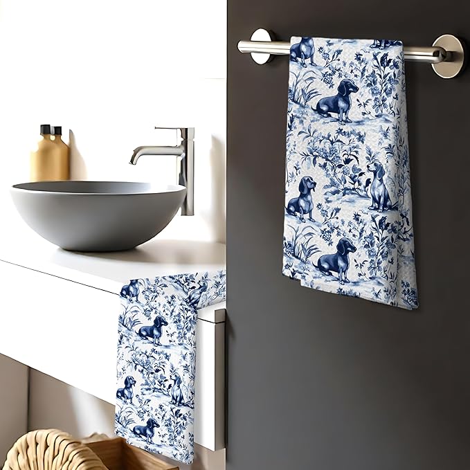 Chinoiserie Dachshund Kitchen Towels Set of 4,Blue and White Floral Botanical Dachshund Decorative Dish Tea Towels, Grandmillennial Weiner Dog Hand Towels for Kitchen Bathroom, 16x24 Inch