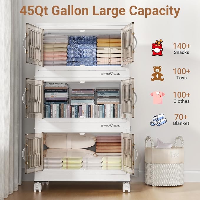 BROVIEW 180Qt Stackable Storage Bins with Lid for Home Dorm, 4Pack White | Closet Organizers, Foldable & Collapsible Cabinets, Large Containers, Wheels & Magnetic Doors, Plastic Drawers for School