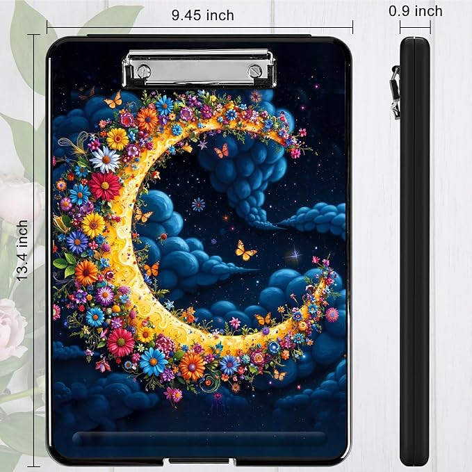 Heavy Duty Storage Clipboard, Slim Nursing Clipboard with Internal Pen Case, Portable File Organizer Case for A4 Letter Size Paper Office Medical Professionals, Dark Clouds Moon