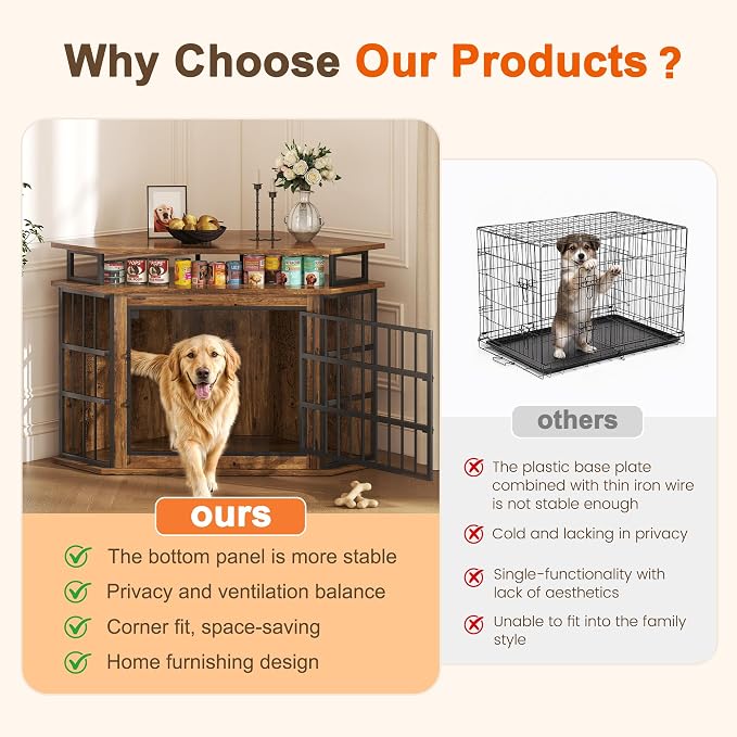 51" Corner Dog Crate Furniture Large Wooden Dog Kennel Indoor Dog House | With 2-Tier Shelves, Large Storage Space, Space-Saving Design, Multi-functional Pet House, Sturdy & Secure, Easy Assembly