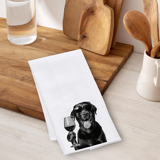 Funny Black Labrador Retriever Drinking Wine Kitchen Towels 16x24 Inch, Black Lab Gifts Decorative Hand Towels for Kitchen Home Bar, Wine Lover Gifts Dish Tea Towel Drying Cloth