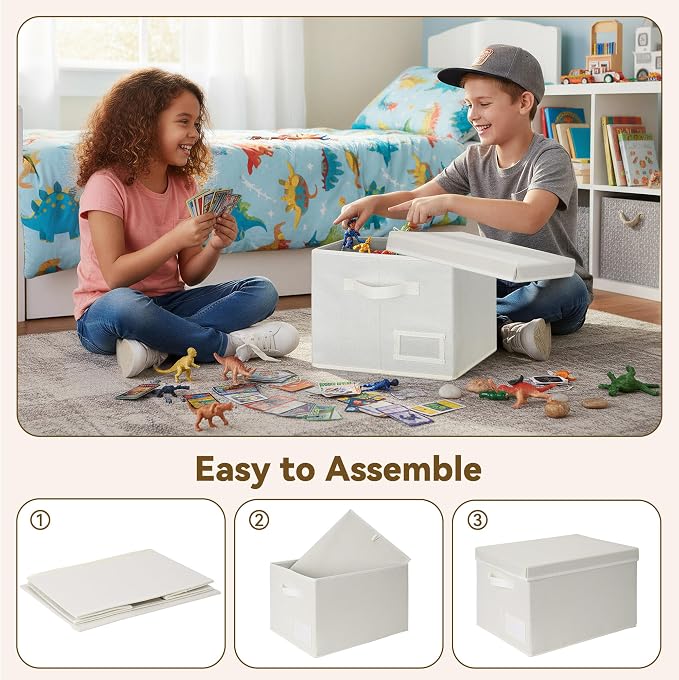 GRANNY SAYS Storage Bins with Lids, Decorative Storage Boxes with Lids | Storage Box with Dust Cover, Handles & Lable, Collapsible, Ideal for Closet Clothes Blanket Toys, Medium, Ivory, 3-Pack