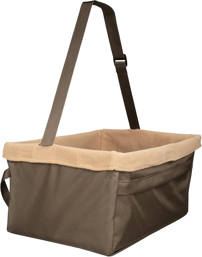 PetSafe Happy Ride Dog Booster Seat, Brown, Up to 18 lb | Raises Small Dogs to Window Height In Most Cars, Connects to Seatbelt with Safety Tether, Fleece Liner Is Machine Washable