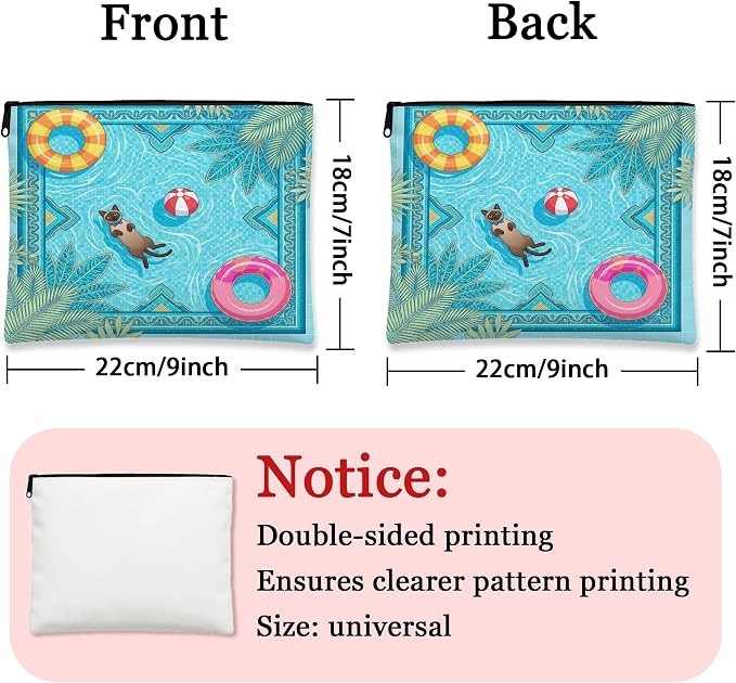 Siamese Cats Makeup Bag, Cute Pool Lifebuoys Tropical Cosmetic Travel Pouch for Women Girls, Portable Small Canvas Zipper Organizer, Pet Toiletry Bag 7x9 Inch