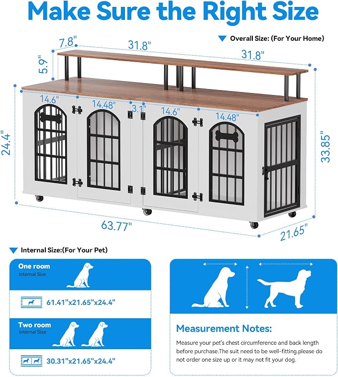 Petrova 63" Dog Crate Furniture for 2 Dogs, Heavy Duty Indoor Dog Kennel for Medium/Large Dogs, Wooden Dog Cage with Removable Divider, 6 Lockable Wheels, Storage Compartment, White