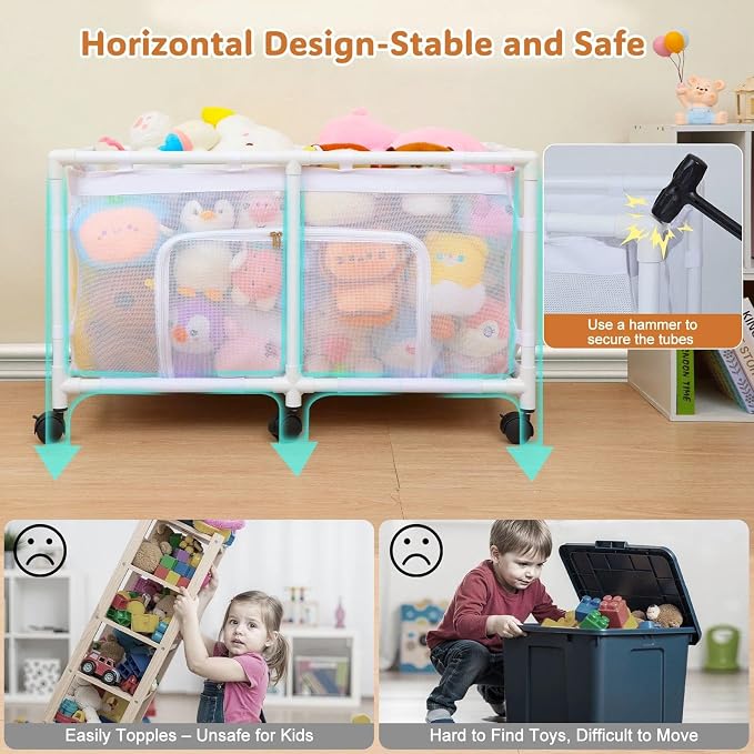 FIOBEE Toy Box for Girls Boys with See-Through Mesh & 360° Rotating Wheels | Kids Toy Chest Organizer, Stable Structure & Easy Install, Extra Large Storage Bin for Clothes, Ball, Pet Toys, Swimming Ring