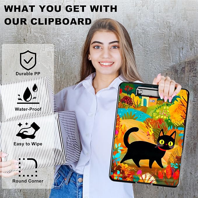 Black Cat in Autumn A4 Clipboard with Storage Pen Holder, Clipboards Organizer Nursing Clipboard Foldable File Folder Plastic Clipboard Folio Clip Board for Office Students Classroom Doctor