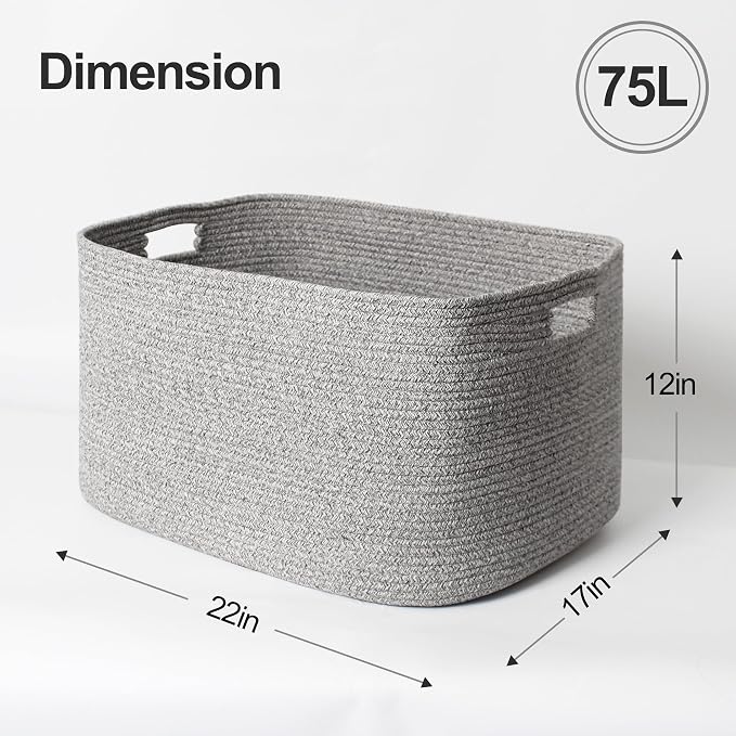 75L Large Storage Basket, 22”x17”x12” Blanket Storage for Living Room, Rectangle Woven Kids Toy Bin Box, Baby Laundry Basket, Cotton Rope Bin for Shoes Towels Stuffed Animals, Gray