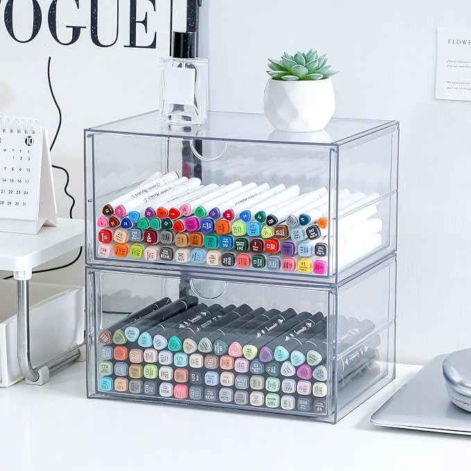 Clear Plastic Drawer Organizer, 2 Pack, 2 Drawers | Stackable, For Office Supplies, For Marker Pen, For Art Crafts & Stationery, For Coffee Pods