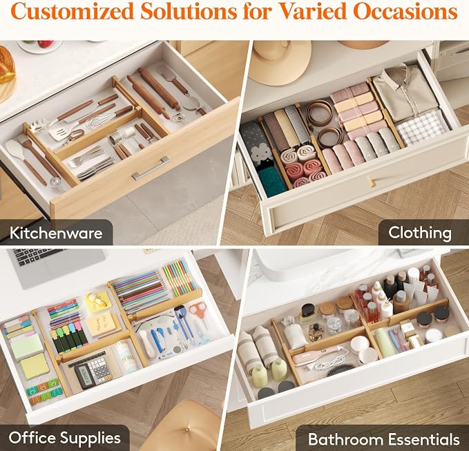Lifewit 2.4" Kitchen Drawer Dividers, Adjustable Bamboo Drawer Organizers | 8 Pack 13"-16.5" Expandable Drawer Separator for Clothes, Utensils, Dresser, Cabinet, Closet, Nursery Organization & Storage