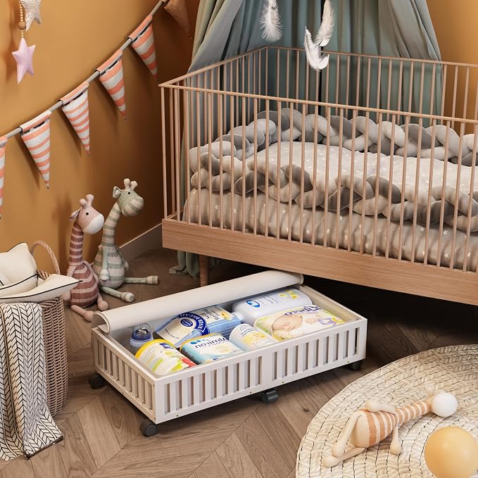 2 Pack Large Bamboo Under Bed Storage Containers with Wheels, White | Underbed Drawer Storage with Bag, Wood Rolling Underbed Organizer for Shoes, Sheets Clothes Blanket Comforter, Under Crib Toy