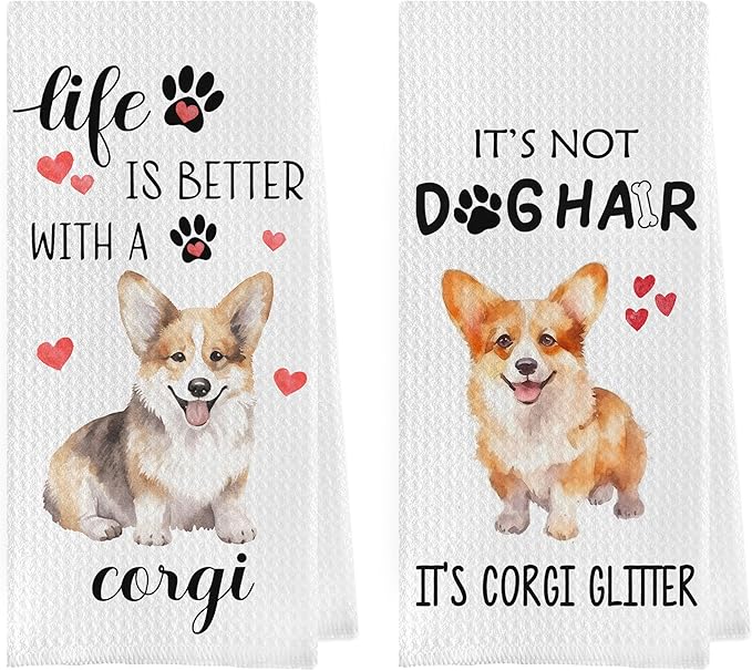 Corgi Gifts Dish Towels Set - Corgi Gifts Decorative Waffle Weave Kitchen Towels, Dog Lover Gift Hand Towel, Dog Mom Tea Towel (16×24 Inches Set of 2)