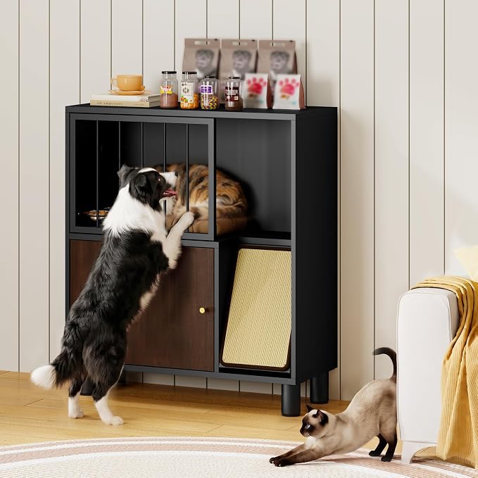 Dog Proof Cat Feeding Station, Metal Cat Feeding Cabinet, Black | Elevated Cat Feeding Station, Pet Food Station with Storage, Cat Bowl Stand, Scratching Board, Stainless Steel Bowls