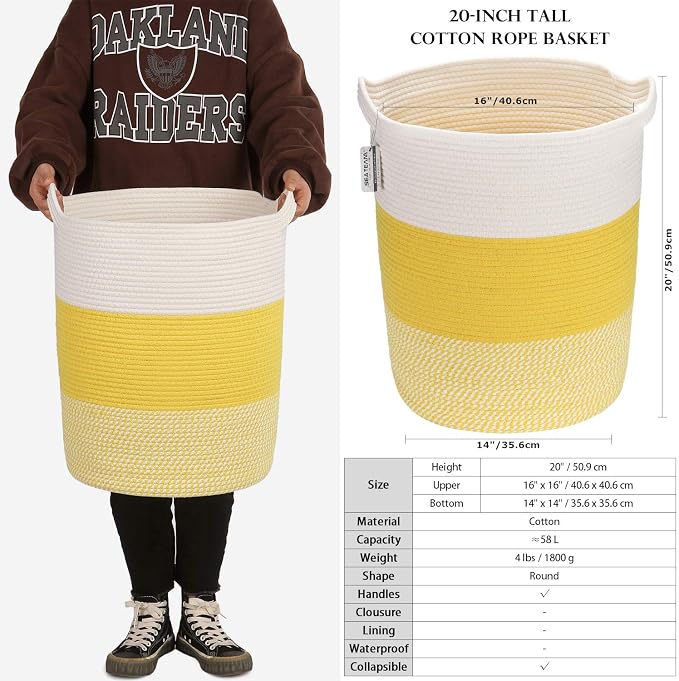 Sea Team Large Woven Cotton Rope Laundry Basket with Handles, 20 x 14 in | Collapsible Knitted Hamper, Closet Shelf Organizers, Containers for Clothing, Blankets, Toys, Bedding, Mottled Yellow