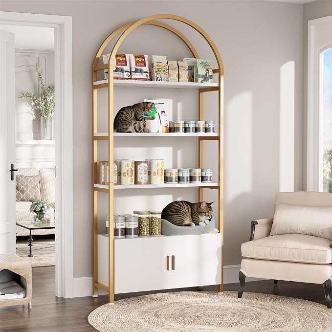 Kepptory Arched Cat Storage Shelf, 5-Tier Cat Tower Display Rack with Cabinet