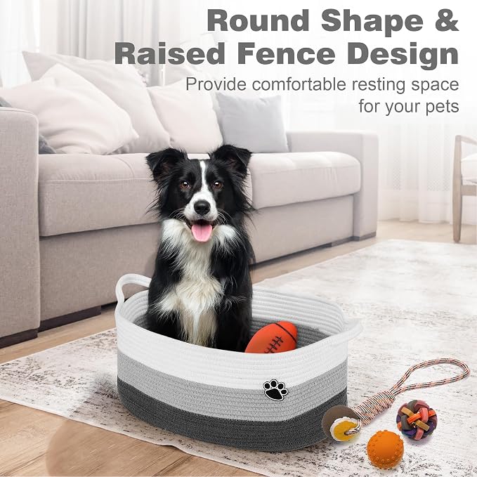 Optish 25L Dog Toy Basket,16.5" x 11" x 9" Medium Toy Storage Box and Bin with Handles, Woven Rope Foldable Basket for Blankets, Living Room, Bedroom, Home Decor, White & Grey