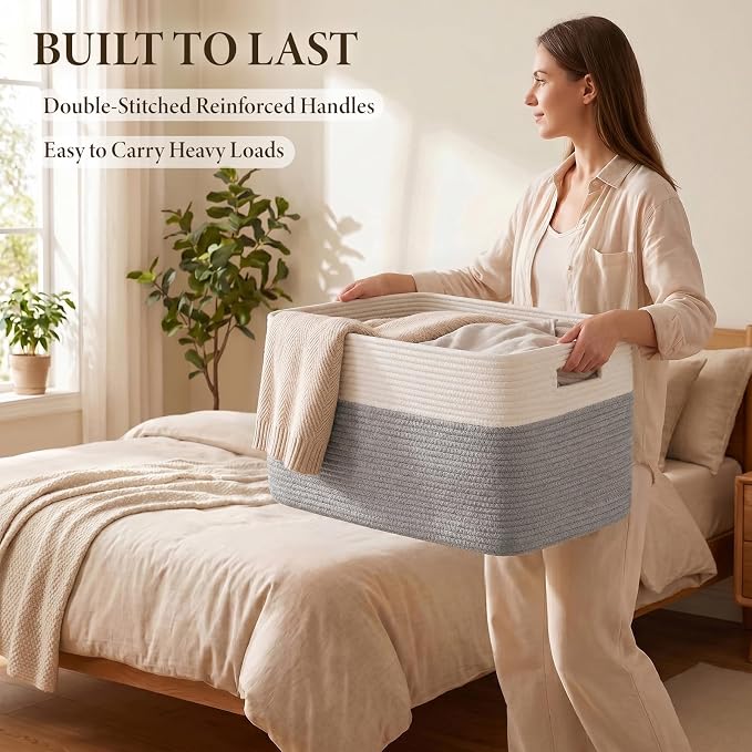 75L Large Cotton Rope Basket, Soft Toy Storage Bin for Nursery & Living Room, Decorative Blanket Basket for Bedroom, Baby-Safe Organizer for Pillows &Laundry, 22''×17''×12'', Grey and White