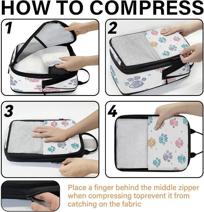 Paw Print Compression Packing Cubes Puppy Dog Paw 6 Set Travel Packing Cubes for Suitcases Lightweight Expandable Organizers