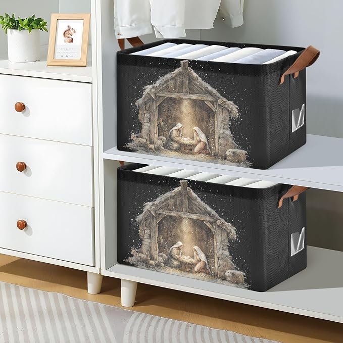 Black Christmas Nativity Scene Storage Basket Foldable Cube Storage Bins with Handles&Label Waterproof Organizer Box Bin Large Rectangle Decorative Baskets for Shelves Home Room Laundry Indoor, 2 Pack