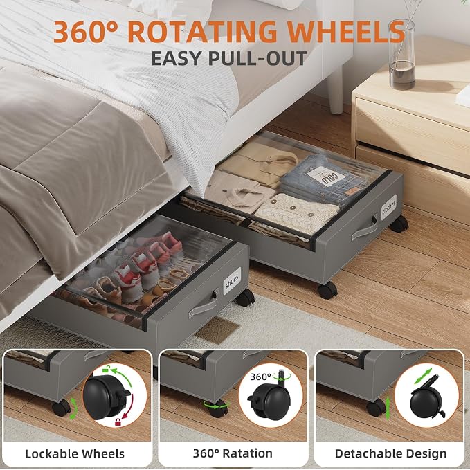 Somdot Under Bed Storage with Wheels, 2 Pack Under Bed Storage Containers | Underbed Shoe Storage Organizer with Clear Lids, Rolling Under The Bed Storage for Clothes, Blankets, Toys, Charcoal Grey