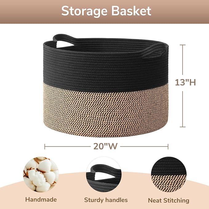 Goodpick 65L Large Cotton Rope Kids Toy Storage Basket for Playroom | 19.7 x 19.7 x 12.6 In Woven Basket for Storage, Kids Toy Storage for Playroom, Laundry Basket for Towels, Black & Mix Jute