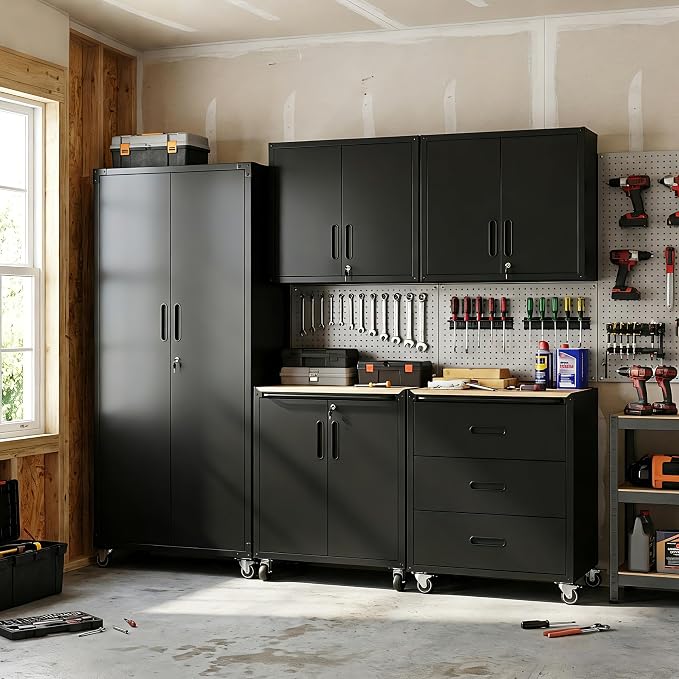 Garage Cabinet System | Heavy Duty Steel All-in-One Modular Garage Cabinet Set for Ultimate Workshop Organization | Easy Assembly Garage Storage Cabinets & Tool Bench
