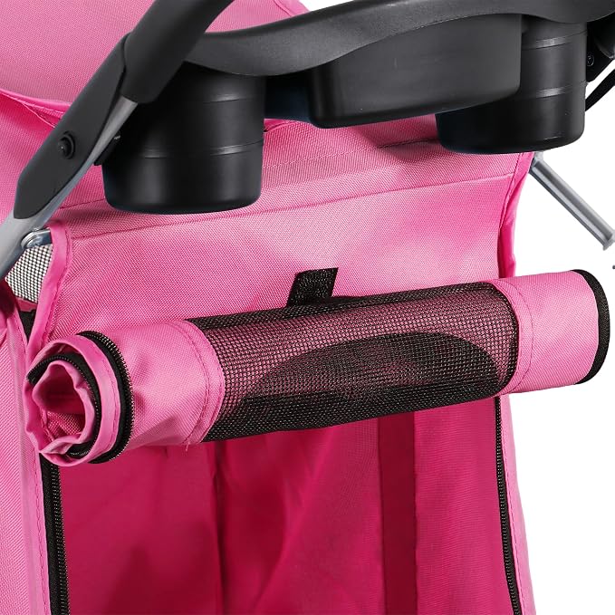 Pet Stroller for Medium Small Dogs - Easy to Walk Folding Travel Carrier Strolling Cart with Cup Holder, Weather Cover and Storage Basket (Pink)