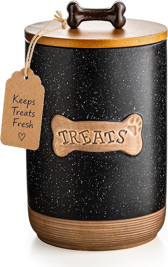 Miamolo Dog Treat Container, Dog Treat Jar for Countertop Airtight Seal Lid | Ceramic, 8 Cups, Wooden Lid, Cast-iron Handle | Dog Food Storage Container, Decorative Dog Cookie Canister, Bone Dotted Black