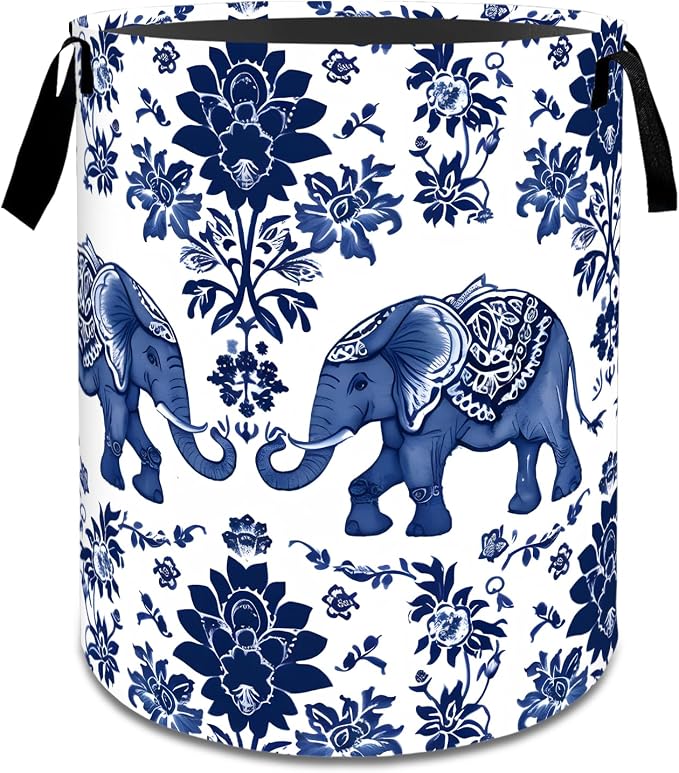 Vintage Elephant Floral Laundry Basket,Dirty Clothes Hamper,Retro Animal Flower Storage Bin Gifts,Foldable Waterproof Oxford Cloth Baskets for Bathroom,Bedroom,Home Decoration(19.7" x 15.7")