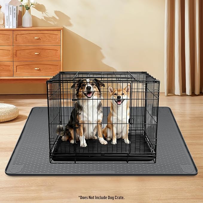 Silicone Dog Bed Mat 50"x 35" Crate Mat for Dog Cages, Light Grey | Extra Large Kennel Mat with Raised Edge, Washable, Leakproof, Waterproof Dog Mat for Crate, Dog Floor Mat to Protect Floors