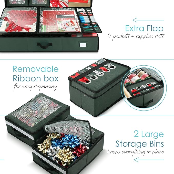 Hearth & Harbor Holiday Storage with Extra 2 PC of Christmas Storage Bins and Ribbon Storage Organizer - Fade Resistant Wrapping Paper Storage Containers with Wheels Fits Up to 30 Rolls of 40" Length