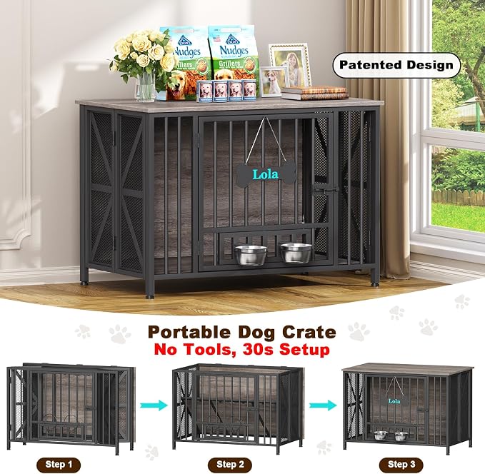 EasyCom Foldable Dog Crate Furniture, 41.3" Dog Crates for Medium/Large Dogs, Wooden Dog Kennel Indoor with Tag & Adjustable Bowls, Dog Cage Use as End Table/TV Stand, Oak Grey | Foldable Large Dog Crate Furniture for Large Dogs, Wooden Dog Cage Use as...