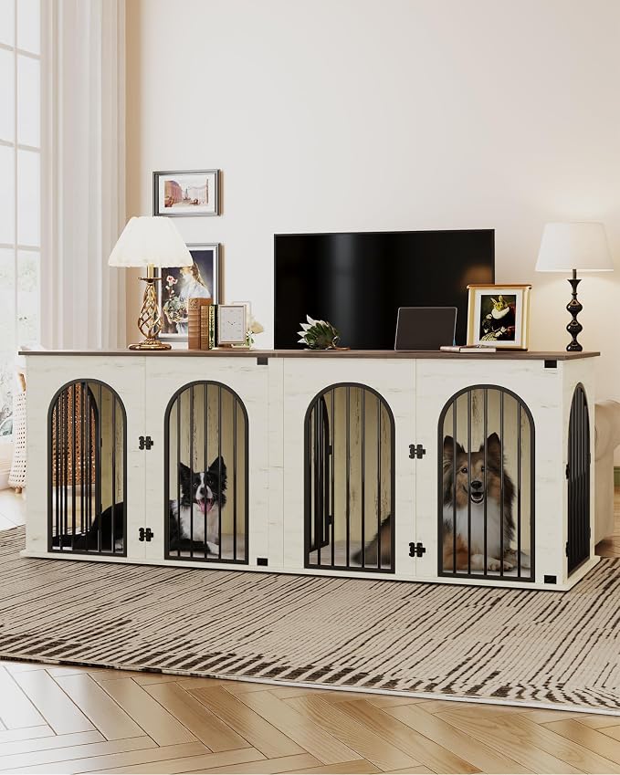 Hzuaneri 86.6" Double Dog Crate Furniture, Dog Kennel Indoor with Cushion | Heavy Duty Dog Crate Furniture for 2 Dogs,Dog Cage End Table TV Stand with Divider for Med-Large Dogs,White Brown DFC84014BV1