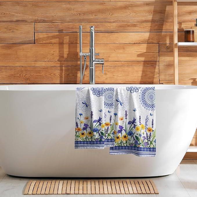 Giwawa Navy Flower Hand Towels Set of 2 Blue Floral Decorative Soft Microfiber Face Towel Kitchen Dish Towels for Bathroom Home Hotel Gym Decor