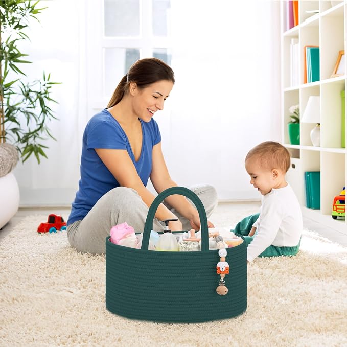 COMSE Large Cotton Rope Baby Diaper Caddy Organizer, Dark Green