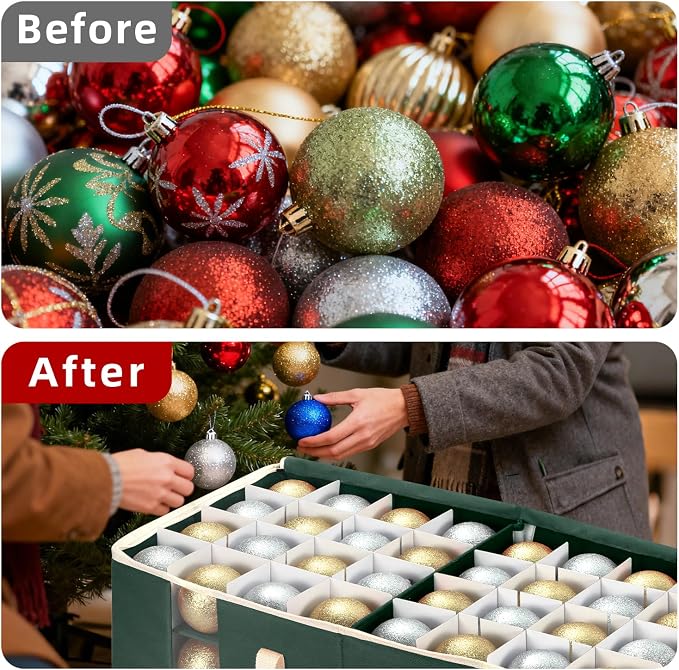 Christmas Ornament Storage Box with Adjustable Dividers and Side Pockets, Large Ornaments Storage Container Bin with Zippered Top for Xmas Decorations (128-3" Balls, Green, Without Tray)