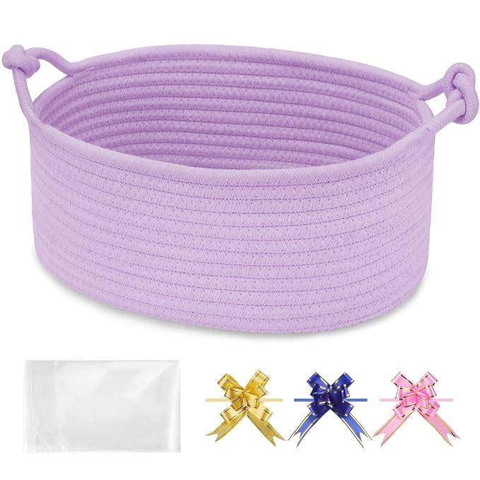 Small Empty Gift Basket with Bag & Ribbons, Purple | 12“x8”x5”, Cotton Rope Woven Basket for Birthdays, Baby Showers, Mother's Day, Christmas; Stores Small Items, Kids & Pet Toys