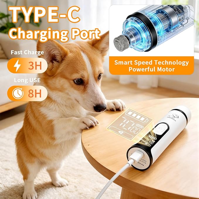 Upgraded Dog Nail Grinder Quiet 3 Adjustable Speed Cordless Silent Nail Grinder Pet Nail Trimmer with LED Light Pet Silent Painless Paw Grooming Supplies for Small/Medium/Large Dogs & Cats