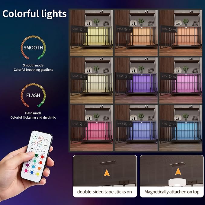 31.5" Foldable Dog Crate Furniture, Muyi Gray, Small Medium Dogs | Wooden Construction, RGB Ceiling Lights, Silent Casters, Multi-Purpose End Table TV Stand