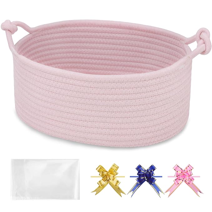 Small Empty Gift Basket with Bag & Ribbons, Light Pink | 12“x8”x5”, Cotton Rope Woven Basket for Birthdays, Baby Showers, Mother's Day, Christmas; Stores Small Items, Kids & Pet Toys
