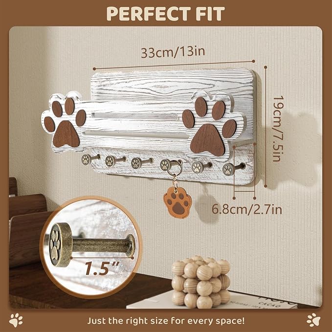 Dog Leashes Hanger Cute Paw Wooden Floating Shelf 6 Hooks | Dog Leashes Organizer for Indoor Home Living Room Kitchen Bedroom Apartment Hallway