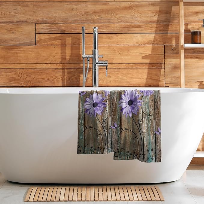 Giwawa Rustic Barn Sunflower Wooden Hand Towel 15x30 Set of 2, Fall Purple Daisy Flower Plank Fingertip Towel Retro Board Face Towel Country Barnwood Washcloth for Bathroom Farmhouse Log Cabin