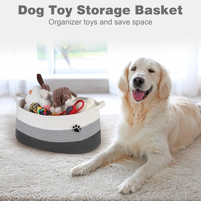 Optish 25L Dog Toy Basket,16.5" x 11" x 9" Medium Toy Storage Box and Bin with Handles, Woven Rope Foldable Basket for Blankets, Living Room, Bedroom, Home Decor, White & Grey