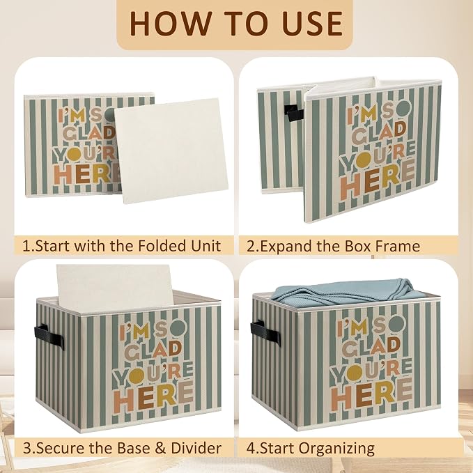 Boho Nursery Foldable Storage Bins Box with Handles, I'm So Happy You're Here Classroom Decorative Storage Boxes Baskets Toybox Organizer for Kids Nursery Room Bedroom Playroom Classroom
