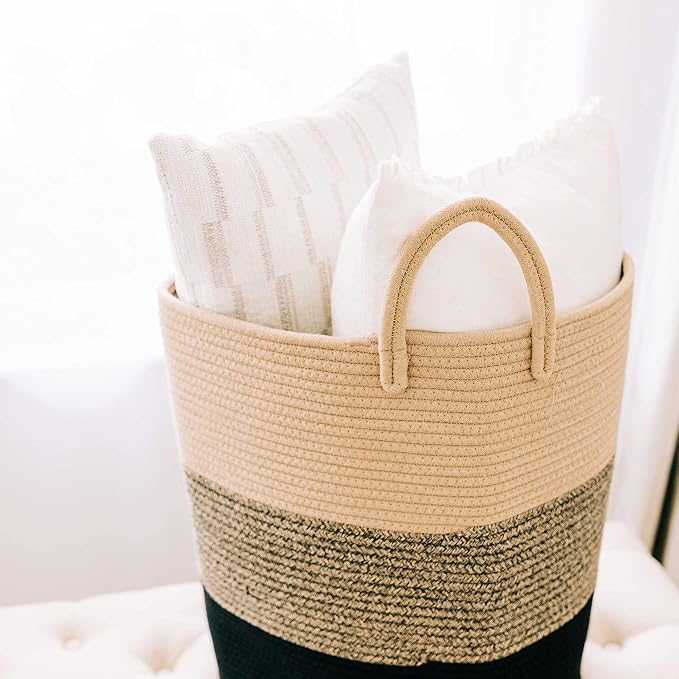 OrganiHaus Tall Cotton Rope Laundry Basket & Hamper, Blanket Storage 52L | 3-Toned Brown - Tall Cotton Rope Hamper, 52L
