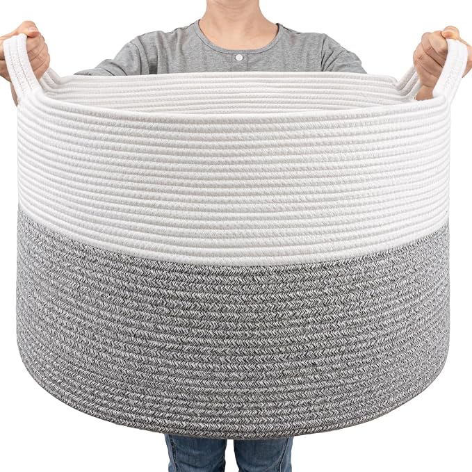 Goodpick Woven Blanket Basket Living Room, Toy Bin for Playroom, 85L | 21.7 x 21.7 x 13.8 In Toy Storage Basket for Nursery, Baby Laundry Hamper for Towels, Clothes, Light & Grey