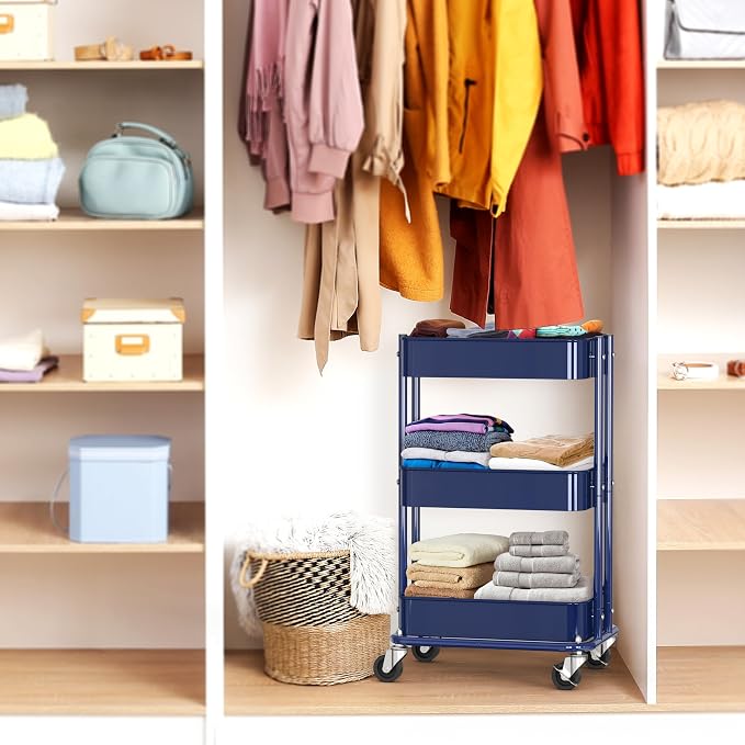 Simple Houseware 3-Tier Utility Cart, Low 24" Height Fits Under Desk, Navy | Compact & Lower Height Great for Under-Desk Space-Saving Storage for Home Office, Dining Room, or Kitchen