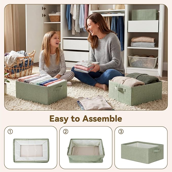GRANNY SAYS Fabric Storage Baskets, Storage Bin, Sage Green, Large, 2-Pack | With Metal Frame, Foldable, Sturdy Handles, for Closet, Shelf, Living Room, Bedroom, Holds Blankets, Clothes, 17"x13"x7"