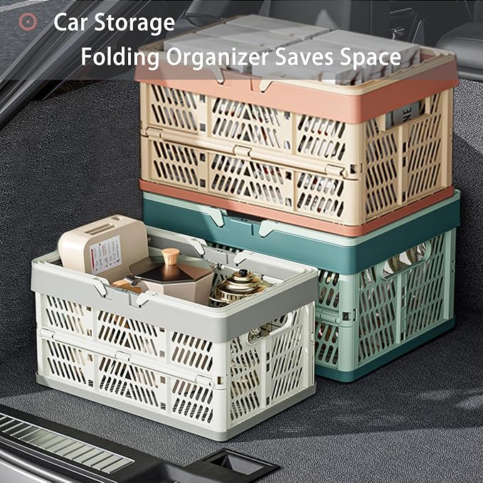 Collapsible Plastic Storage Crate - 20L Folding Organizer Basket Portable Stacking Storage Crate Bin with Handle, for Camping, Picnic, Car Trunk, Home Storage (Pink, M)
