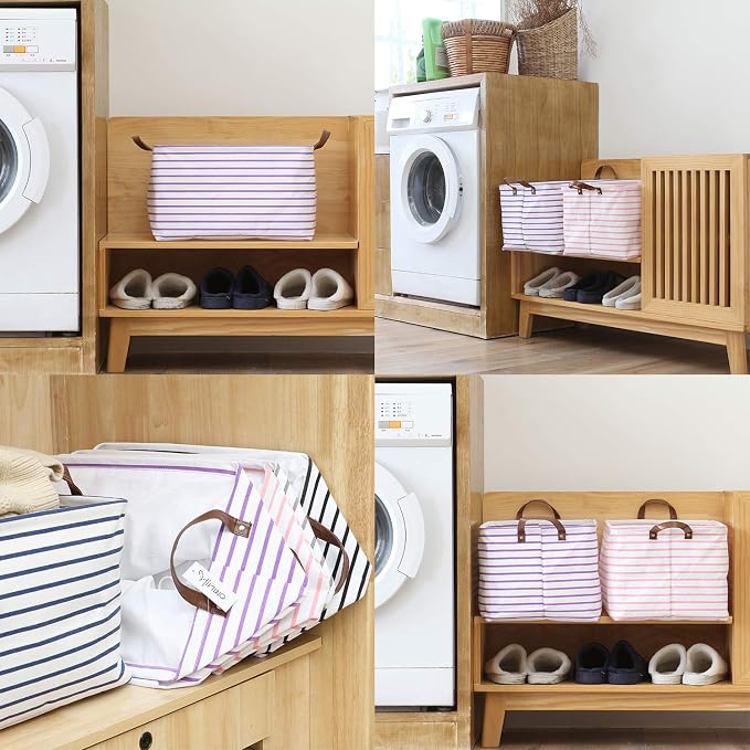 Hinwo 31L Large Canvas Storage Bin with Lid and Handles | Collapsible Fabric Basket, Closet Shelf Organizer, Container for Clothing, Blankets, Toys, Bedding (Purple Stripe)